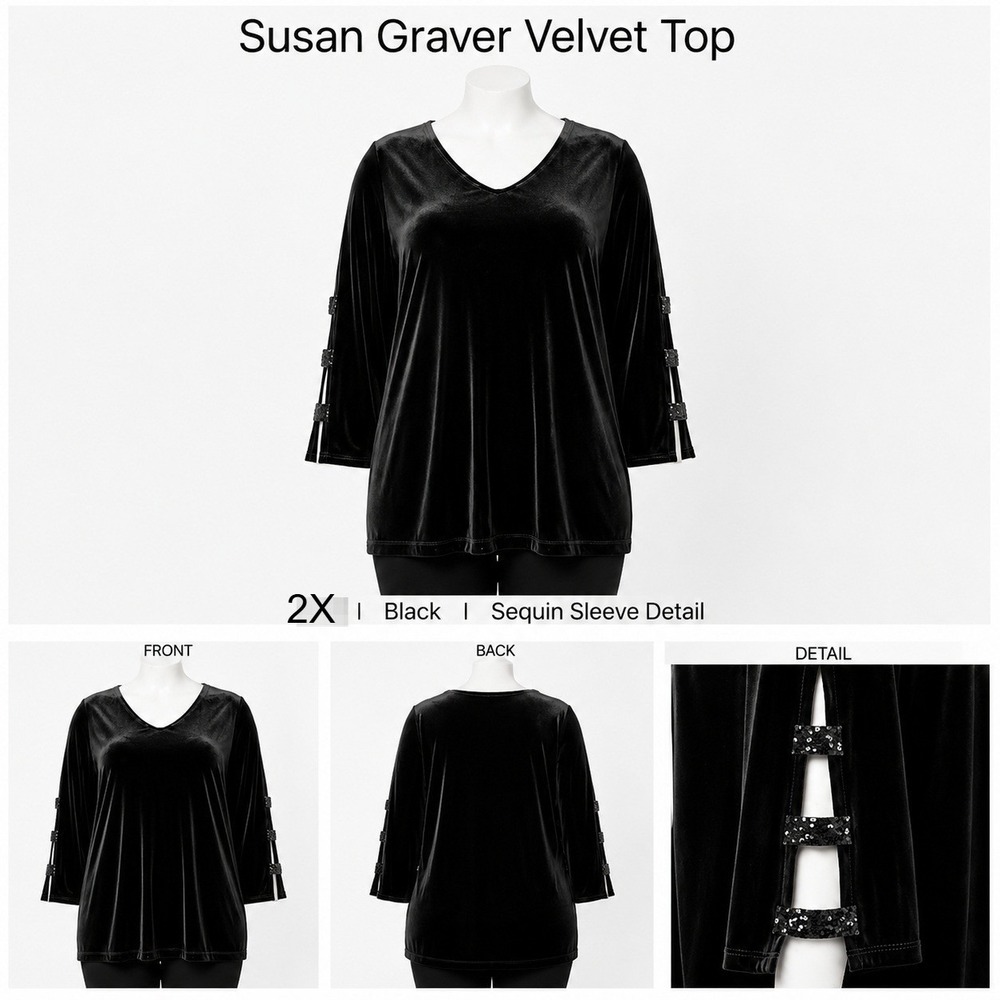 Susan Graver Womens 2X Black Knit Velvet Top Sequin Split Sleeve A238662 NEW